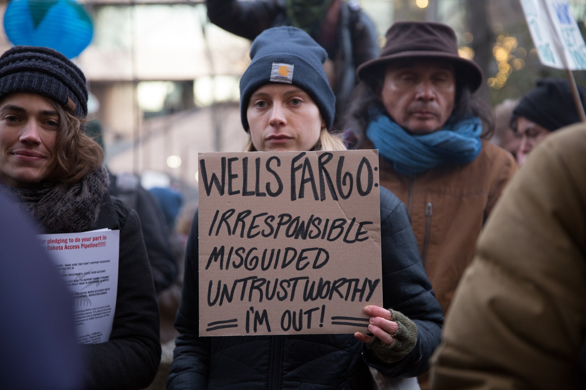 A protester outside the Wells Fargo building in downtown Seattle. Photography by Alex Garland