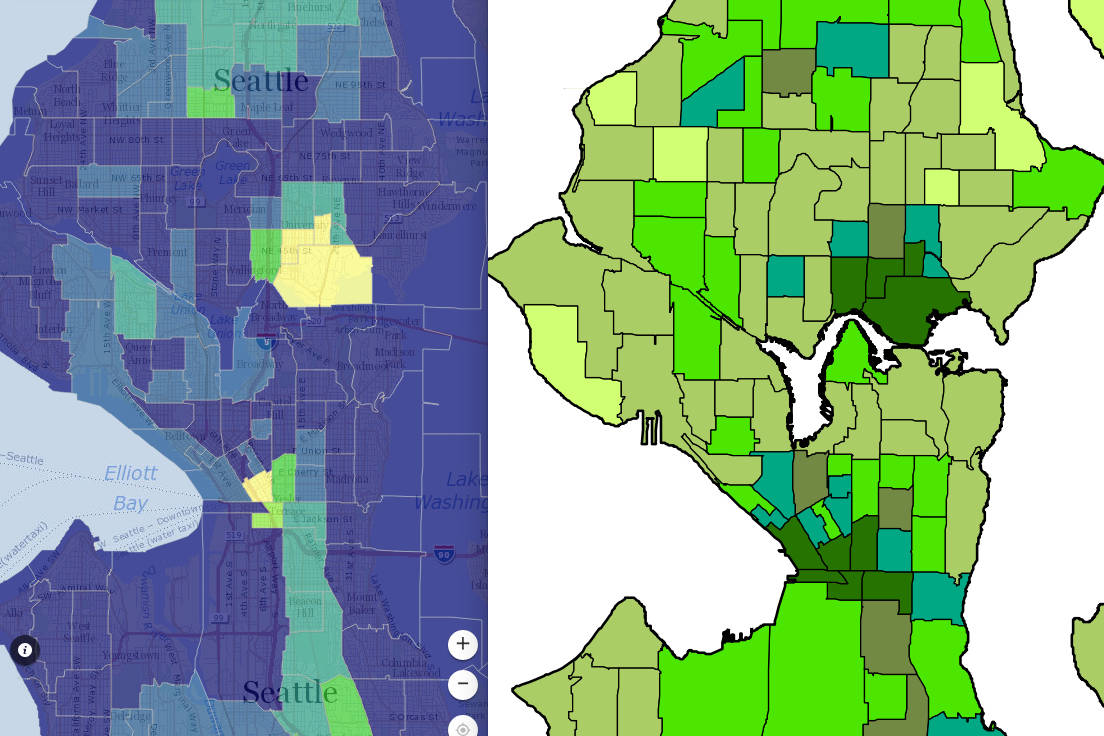 Light areas on the map on the left show low rates of voter registration. Dark areas on the map on the right show areas of high poverty. Screenshots via KingCounty.gov