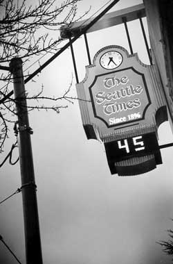 The sign of the Times on Fairview Avenue North. The most recent circulation figures put the Times at 239,468 on weekdays and the P-I at 155,813. Ten years ago, the Times had circulation of 237,665 and the P-I was at 206,936.