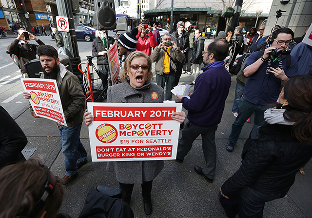 Protestors at one of the 25 Boycott McPoverty events held across Seattle on Feb. 20. Photo by Joshua Bessex