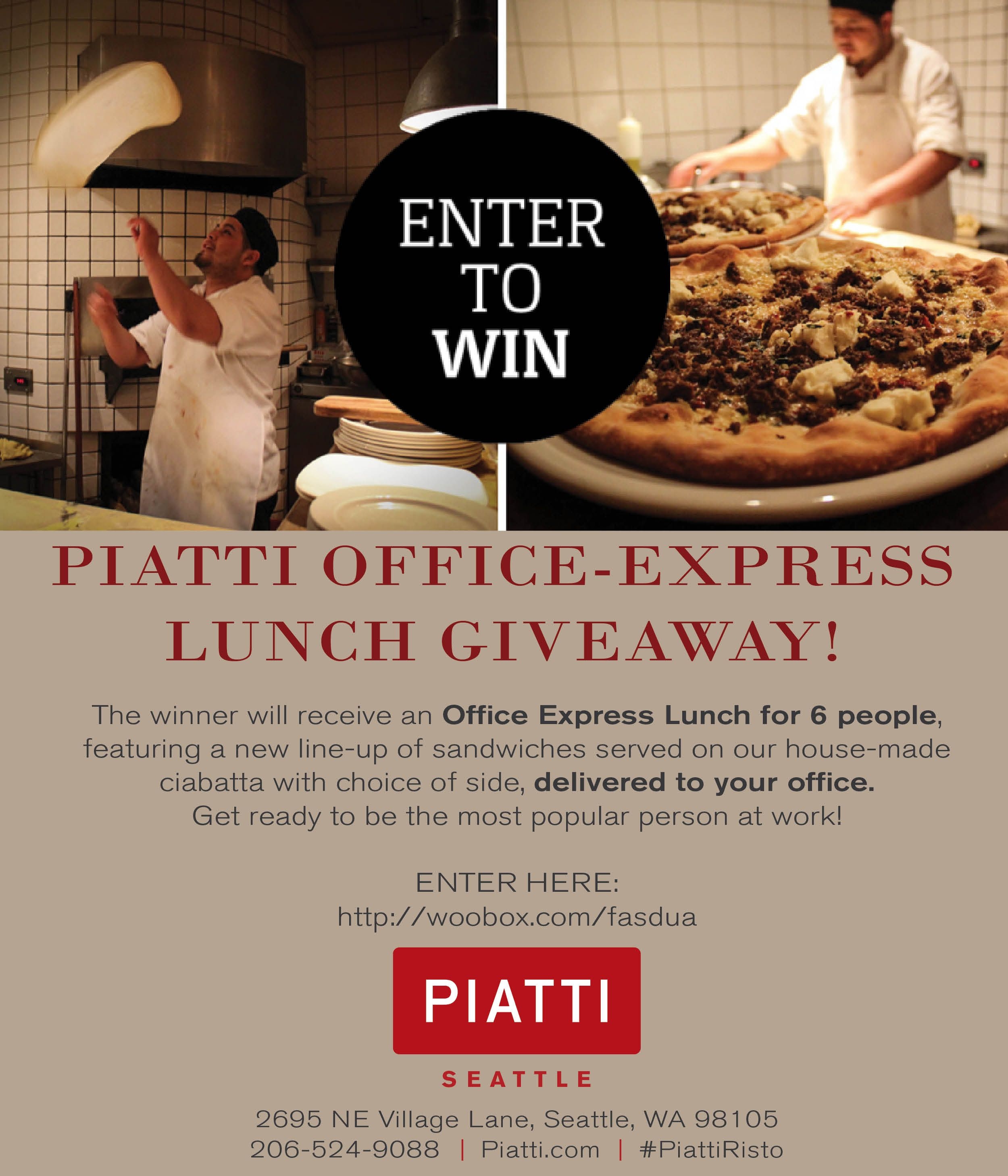 Piatti Ristorante Presents: Piatti Office-Express Lunch GiveawayAt your office!ENTER HERE:http://woobox.com/fasdua Enter to