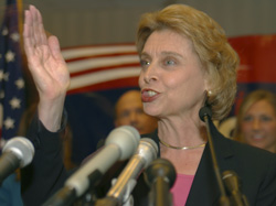 Christine Gregoire in victory. She faces a tough challenge in Dino Rossi.