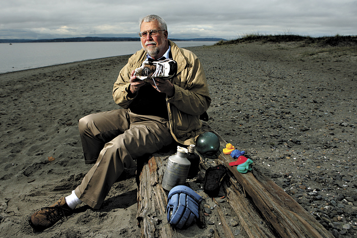 Ebbesmeyer at Golden Gardens, with beach detritus: “It’s not something you can bring up at dinner.”