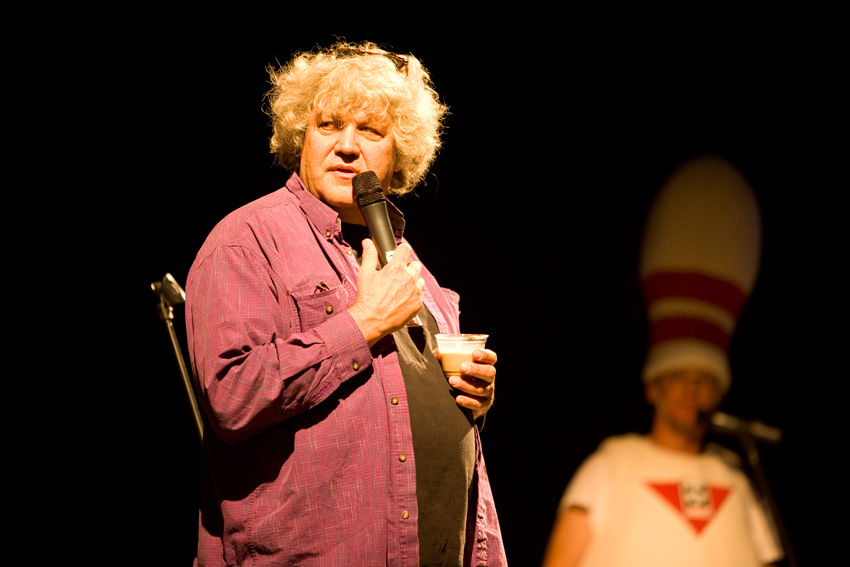 The original Dude, Jeff Dowd, addresses his minions.  A host of admirers and doppelgangers turned at Fremont Outdoor Cinema for a Lebowski Fest-related screening of the classic film.