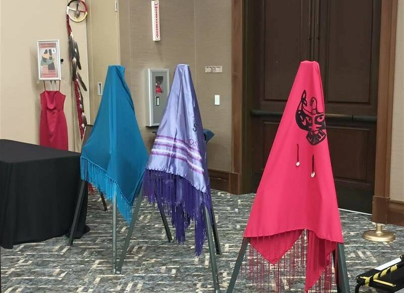 <p>The Lummi Nation provided three colorful shawls during the MMIWP Task Force Summit in September, with turquoise representing human trafficking, purple representing overdoses (“losing our people from fentanyl”) and red representing murdered and missing Indigenous women — all crises that affect North American Natives and Tribes. The summit started with an opening ceremony with words from Lummi Tribal Chair Anthony Hillaire, Lummi Indian Business Council Secretary Lisa Wilson and a Shawl Ceremony with Lhaq’temish singers. Photo by Bailey Jo Josie/Sound Publishing</p>